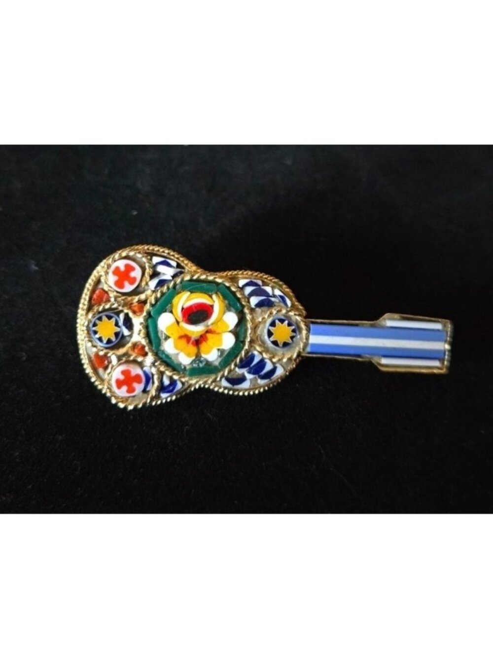 Vintage Italian Micro Mosaic Guitar Brooch Pin Gold Tone Handmade Colorful Glass